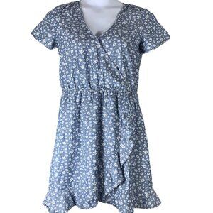 J Crew Mercantile Dress Small Blue Denim White Floral Print Short Sleeve V Neck